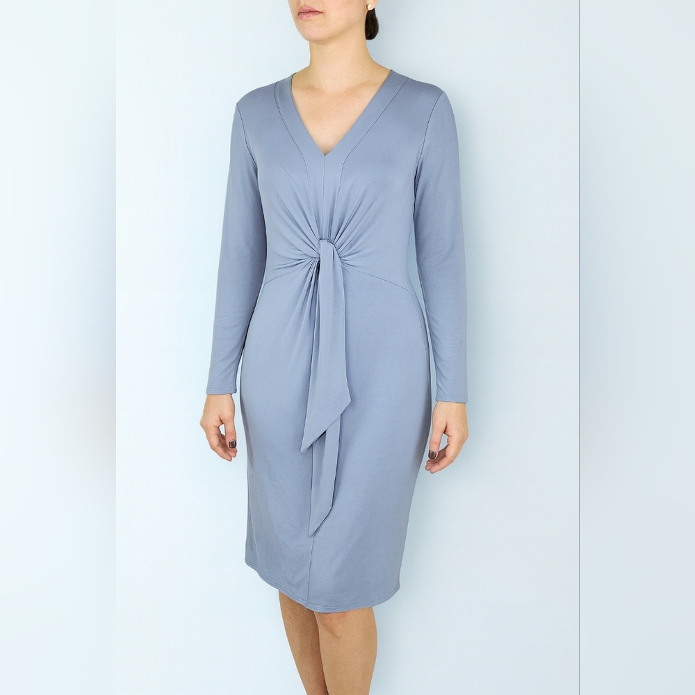 Ellen Tracy Women’s Knot Front Long Sleeve V-Neck Midi Dress Blue Gray Size M